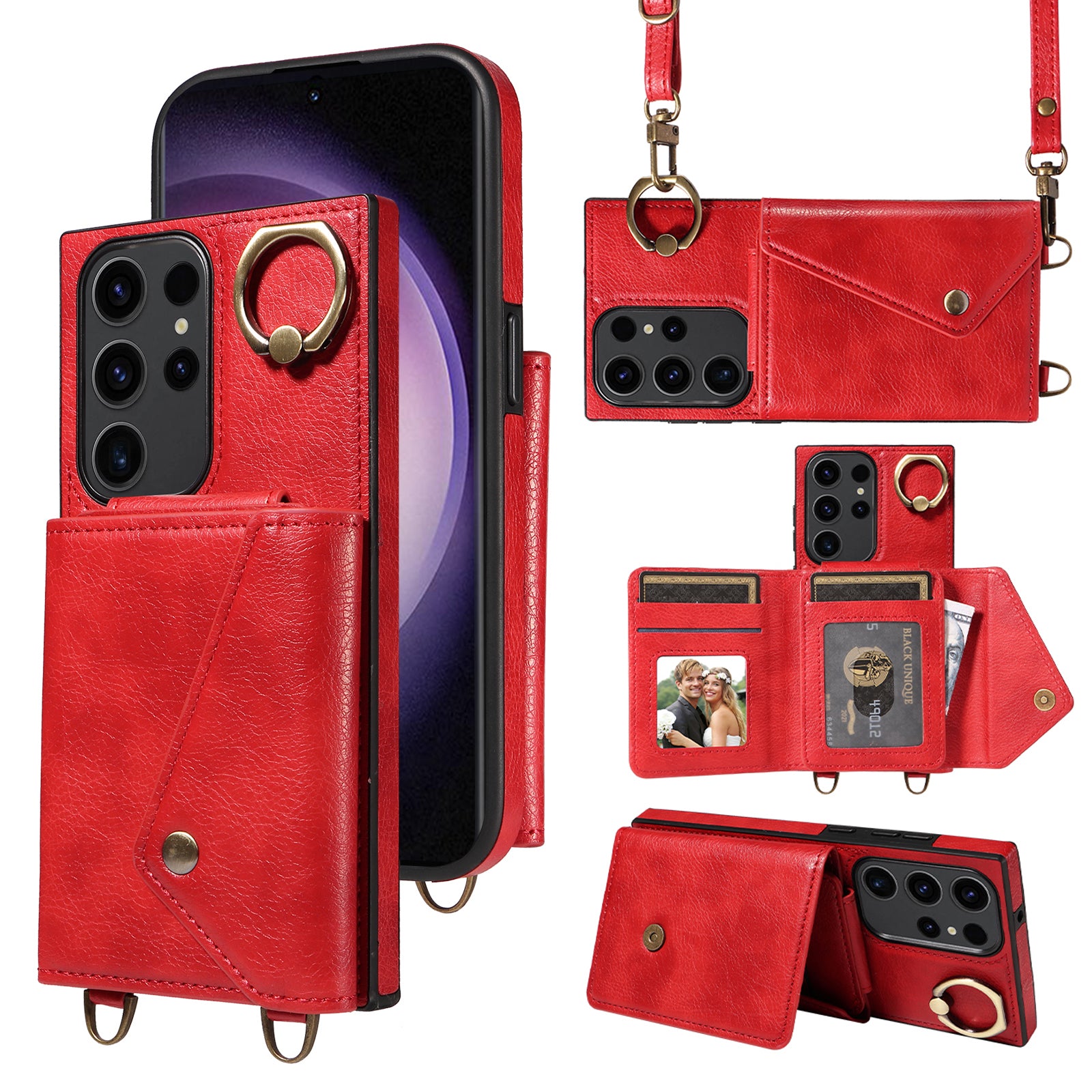 002 Card Bag Shell for Samsung Galaxy S23 Ultra Ring Kickstand Cover Litchi Texture Leather TPU Phone Case with Shoulder Strap 002 Card Bag Shell for Samsung Galaxy S23 Ultra Ring Kickstand Cover Litchi Texture Leather TPU Phone Case with Shoulder Strap